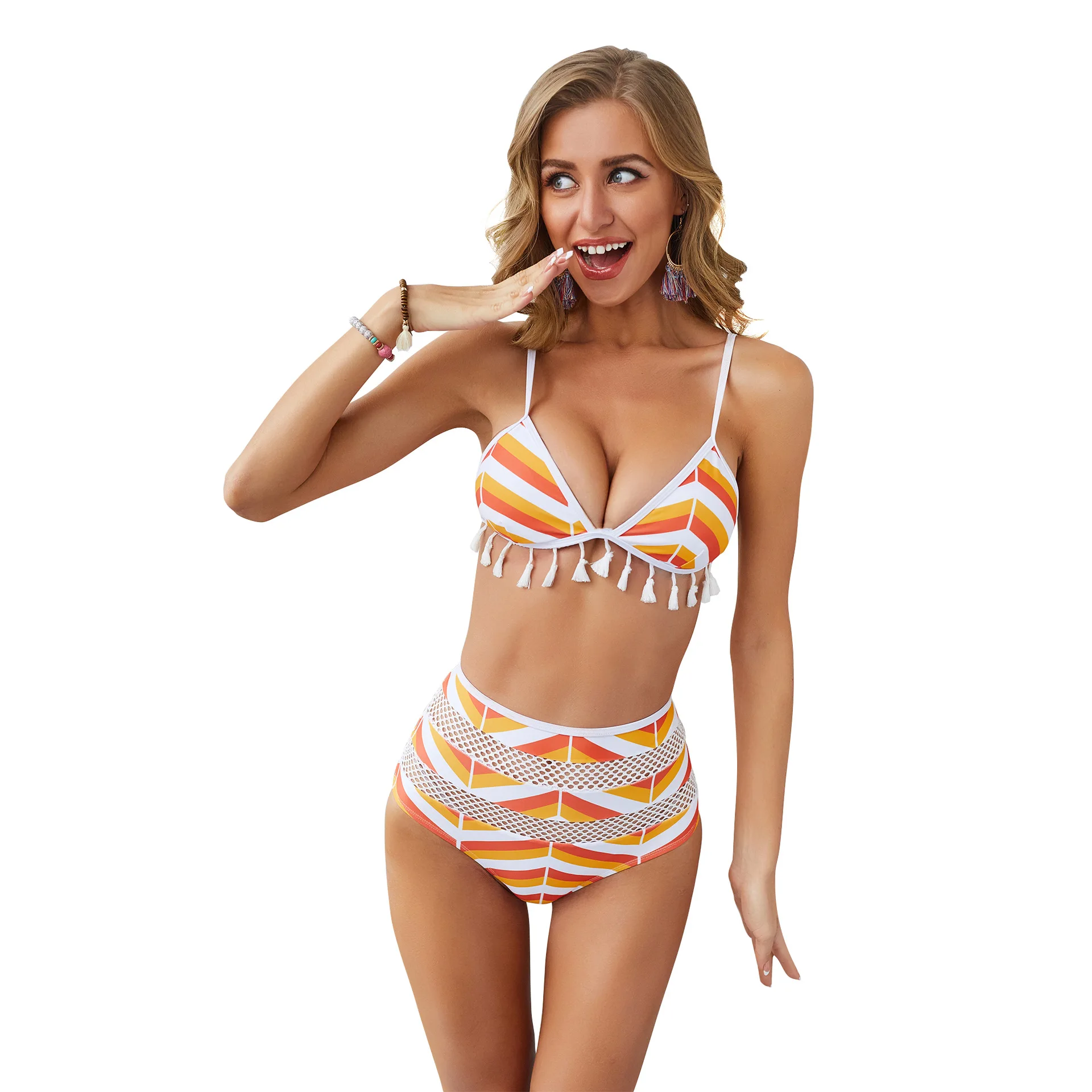 

2020 New Women Striped Swimwear Bikinis Set Tassel Bohemia Swimsuit Beach Bodysuit Female Biquini Summer Bathing Suit Swim Wear