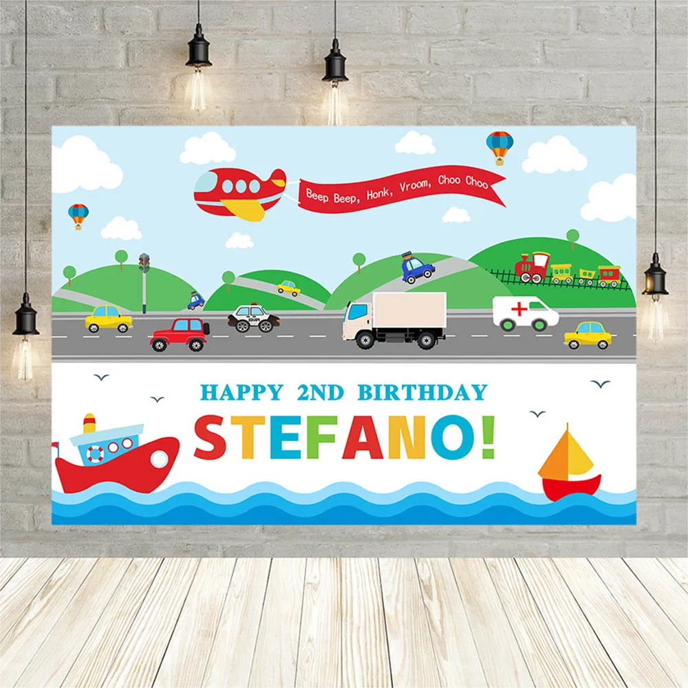 Avezano Background For Photography Cartoon Transportation Car Train Travel Boy 2nd Birthday Party Banner Backdrop Photophone