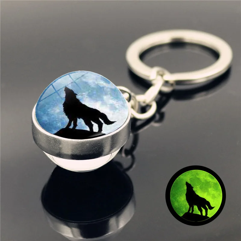 New Fashion Luminous Howling Wolf Howling Moon Key Chain Trend Domineering Men's Double-sided Luminous Glass Ball Key Pendant