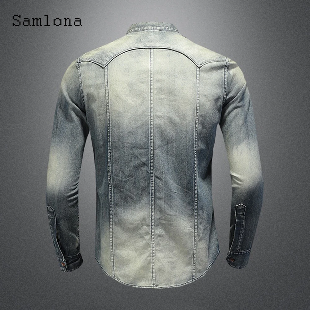 Long Sleeve Men Fashion Tops Streetwear 2022 Summer New Patchwork Denim Shirt Casual Slim Jean Denim Blouse Sexy Mens Clothing