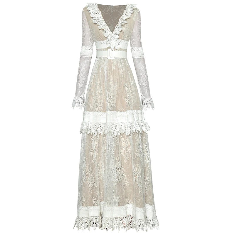 Dresses Female New Spring New Bohemia High Quality Belt Unique Fashion Party Casual Sexy Vintage Elegant White Lace Long Dress