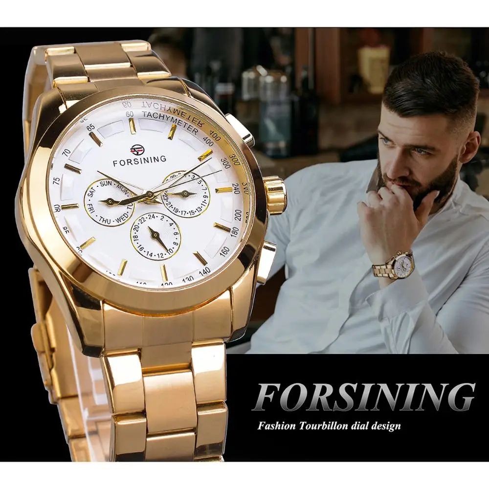 Forsining Golden Men Mechanical Watch Fashion 3 Dial Calendar Steel Band Business Gentleman Automatic Watches Clock Montre Homme