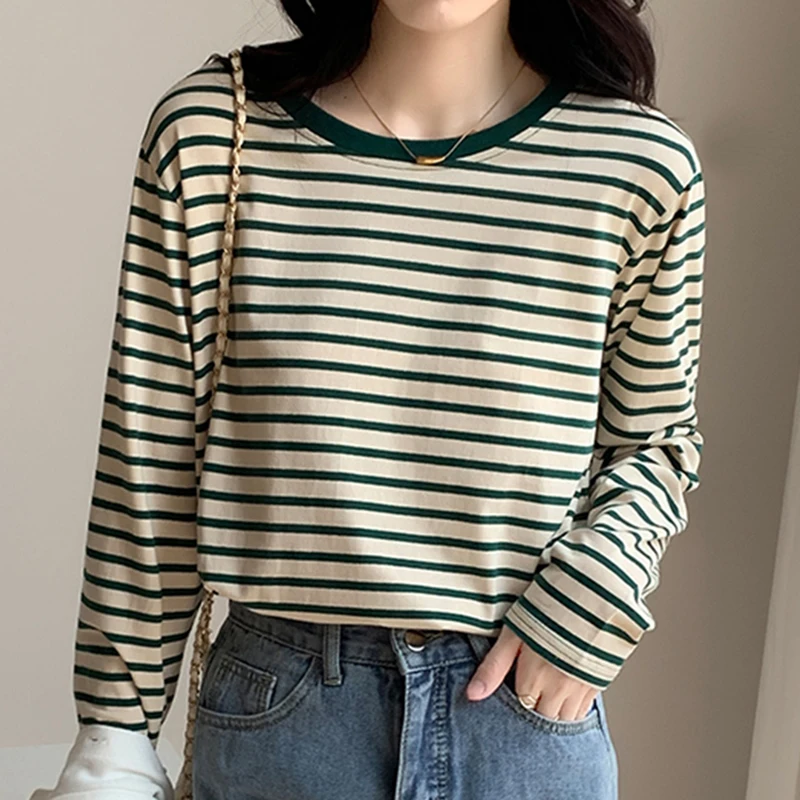 Cotton T Shirt Women 2023 Summer Loose Striped T Shirts Casual O Neck Basic Ladies Clothes Korean Fashion T-shirt Female Tee Top