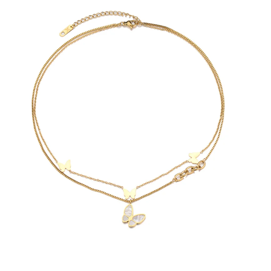 316L Stainless Steel Fashion Upscale Jewelry 2 Layer Embed Natural Shell Butterfly Charm Chain Choker Necklace Pendant For Women