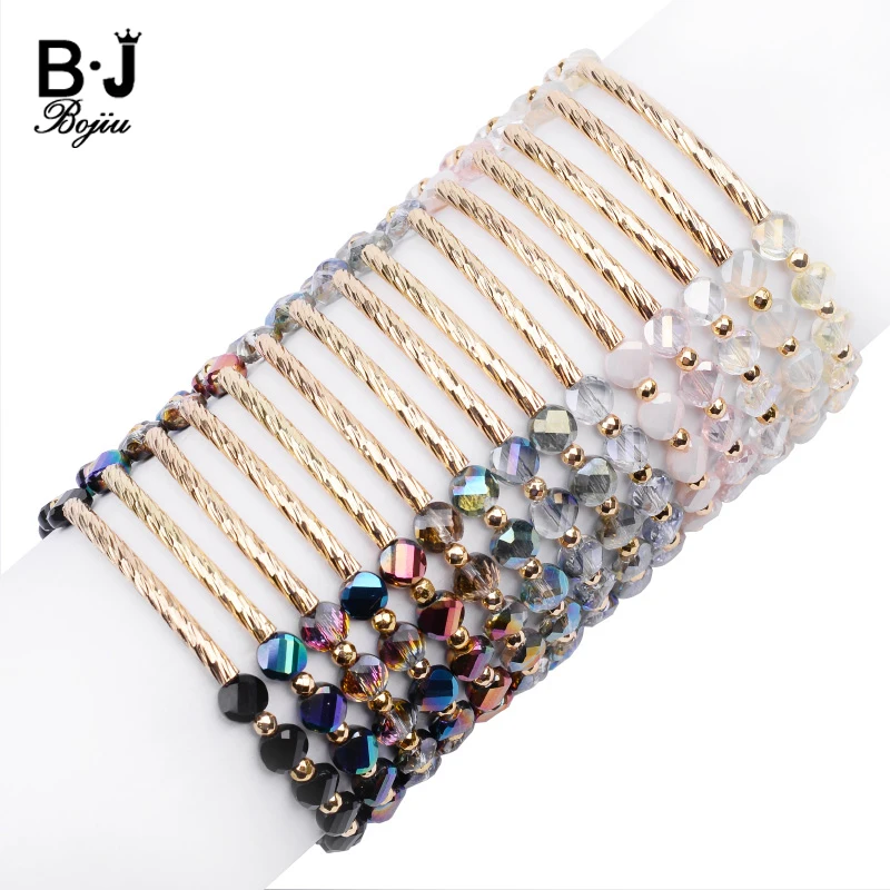 BOJIU – Bracelets personnalisés en perles de cristal, faits à la main pour femmes, Tube en cuivre doré réglable, bijoux pour dames, livraison