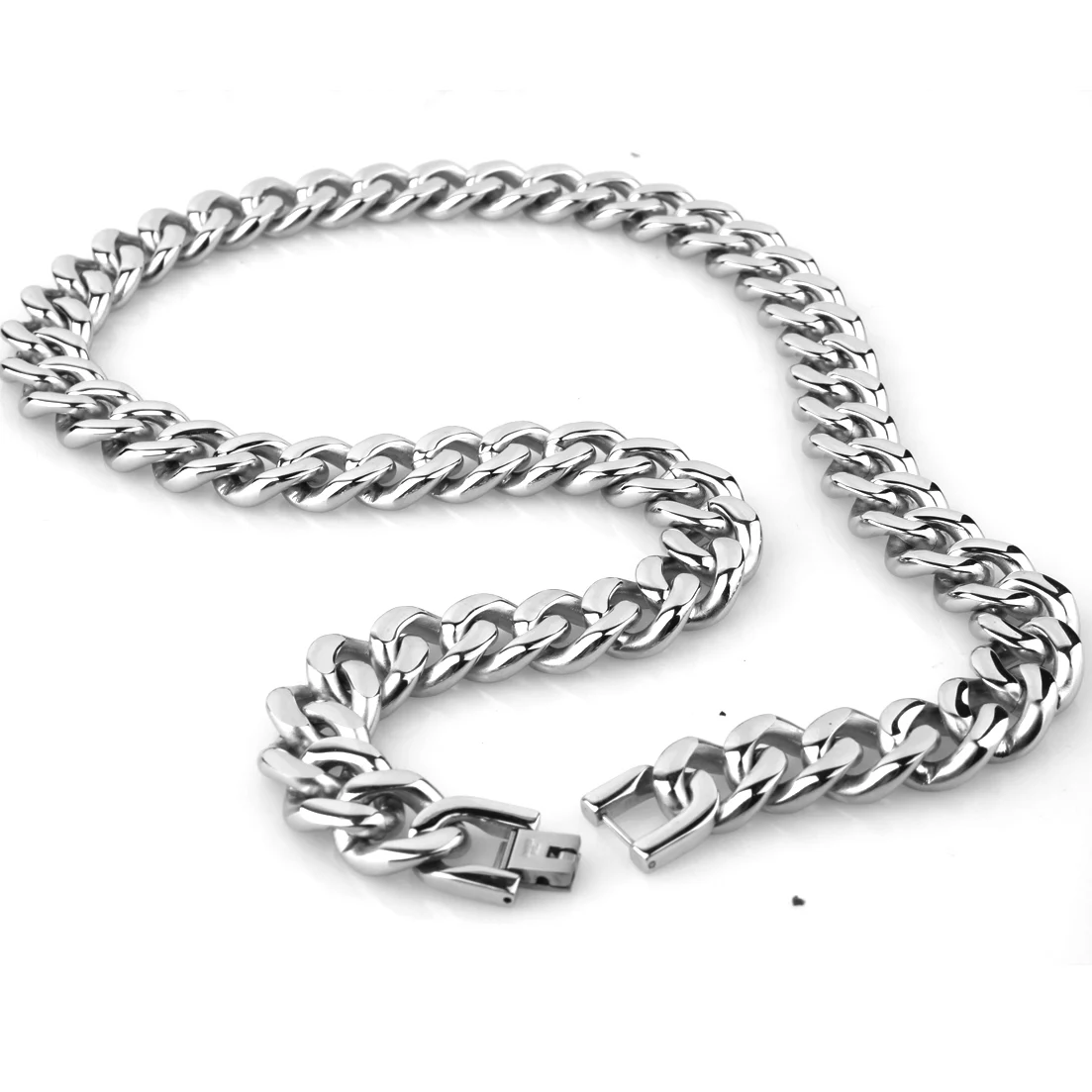 High Polishing 13/15mm Width Cool Mens 316 Stainless Steel Silver Color Cuban Link Chain Necklace Bracelet 7\