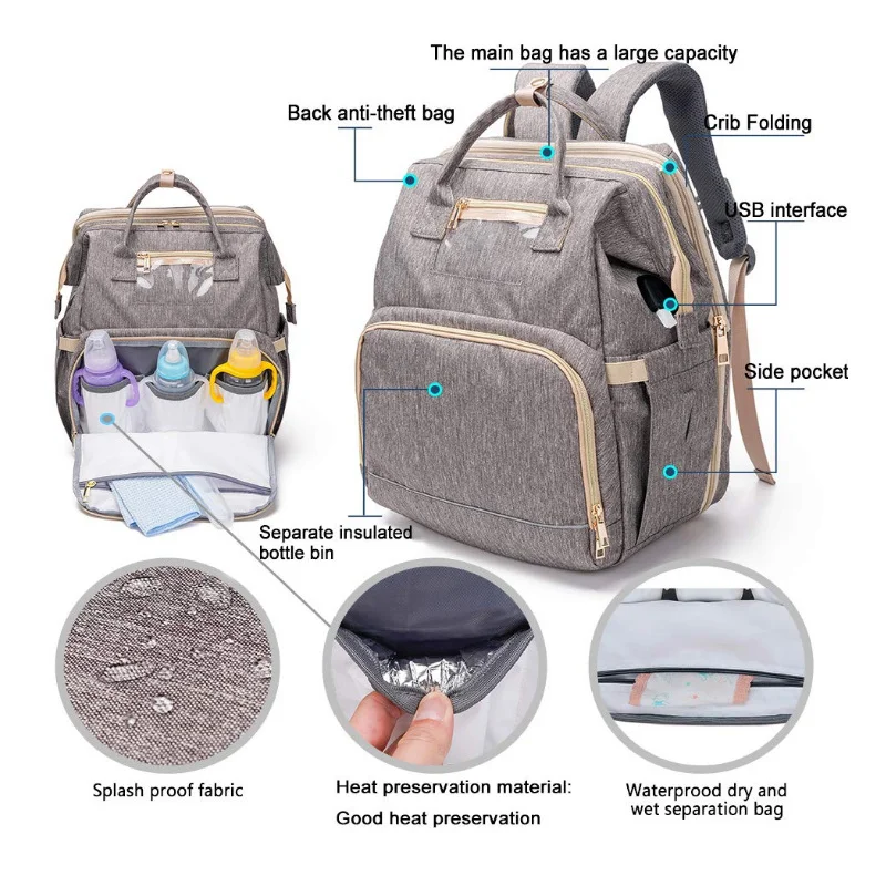 Diaper Bag Backpack 3 in 1 Travel Bassinet Foldable Baby Bed Changing Station Waterproof USB Charging Port Infant Sleeper Bag110