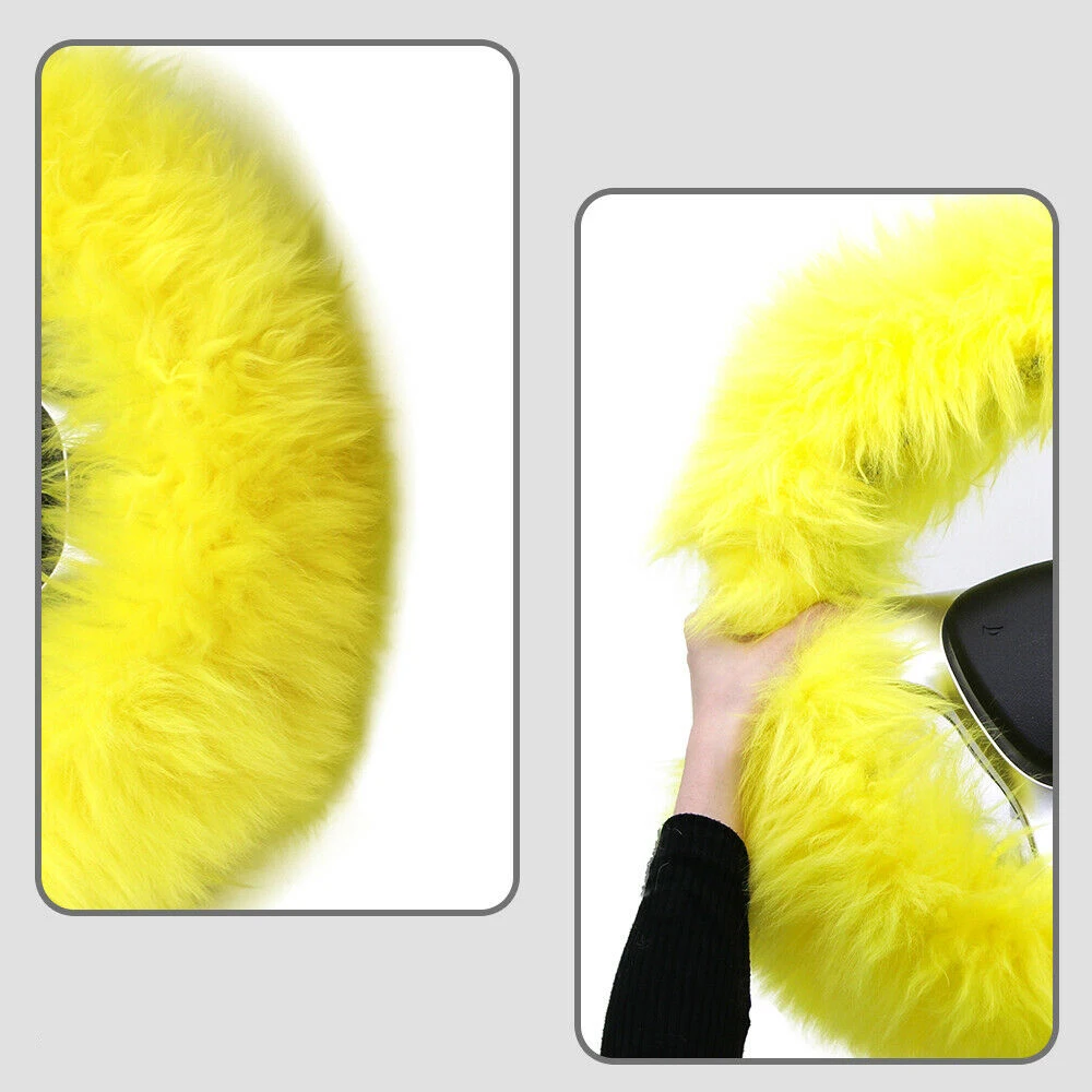 3pcs/Set Car Steering Wheel Cover Yellow Handbrake Gear Shifter Cover Plush Warm Fluffy Fuzzy Winter Car Accessories for Women