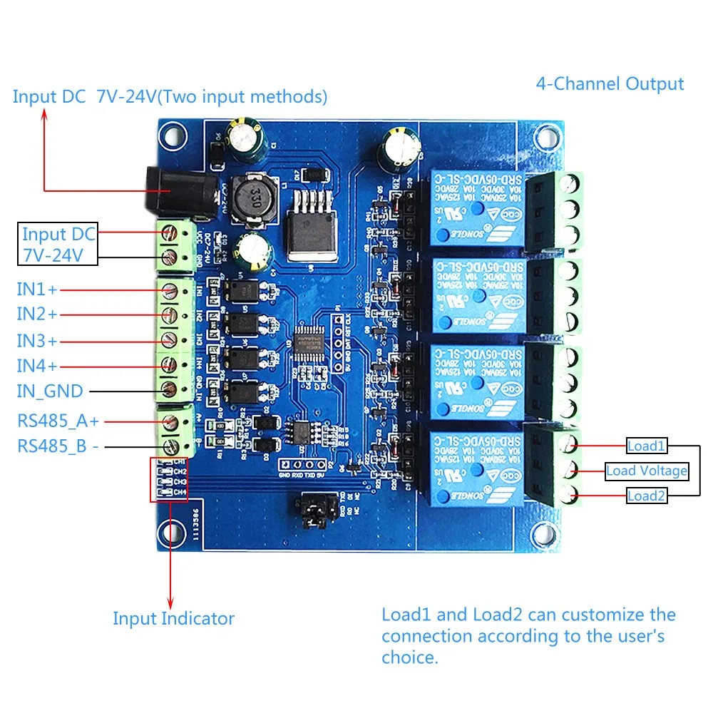 RS485 Modbus-RTU Relay Module Switch Controller 12V 24V 1CH 2CH 3CH 4CH 6CH 8CH TTL Communication AT Command Control