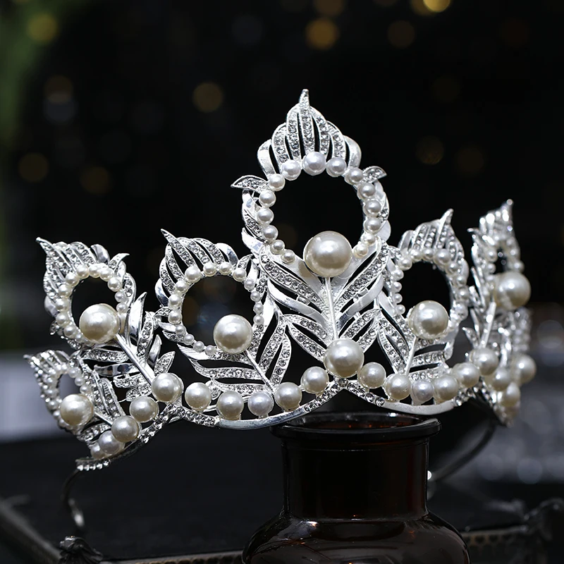 Luxury Miss Universe Round Crown Crystal Pearls Wedding Crowns Peacock Feather Tiaras Rhinestone Pageant Diadem Hair Accessories