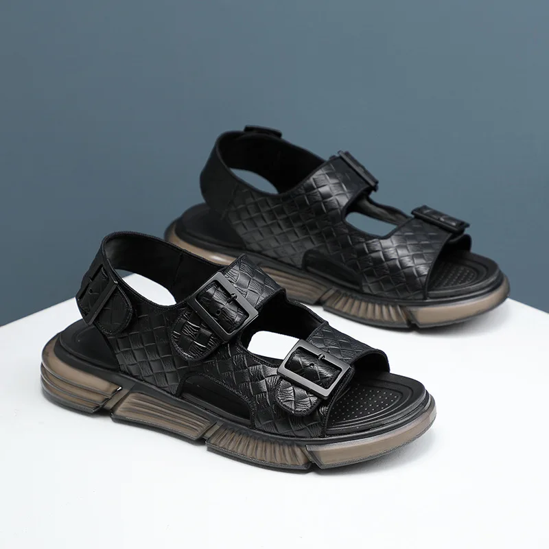 Plaid leather sandal Men luxury beach shoes with soft sole crocodile grain summer moccasin