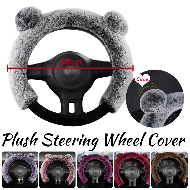 Universal Steering Wheel Cover Cartoon Plush Kawaii Ears Cute Winter Warm Cover Auto Interior Accessories Women