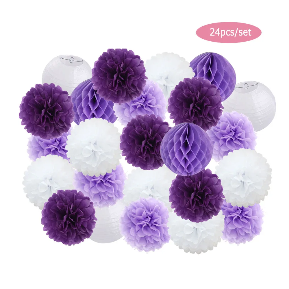 24pcs/Set Baby Shower Party Favor Hanging Paper Pompom Kids Boy Girl Birthday Dark Blue Wedding Events Decoration White Lanterns