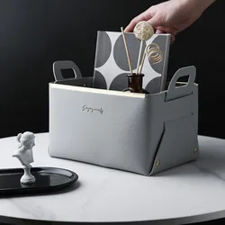 Desktop finishing PU leather storage box household foldable cosmetic storage basket with handle sundry Key Coin decorative plate