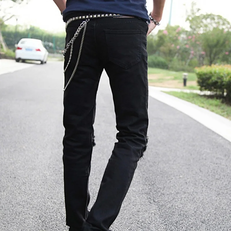 

Hole Street Ripped Jeans Men Fashion 2022 Chains Slim Denim Pencil Pants Personality Rivets Punk Black White Zipper Trousers