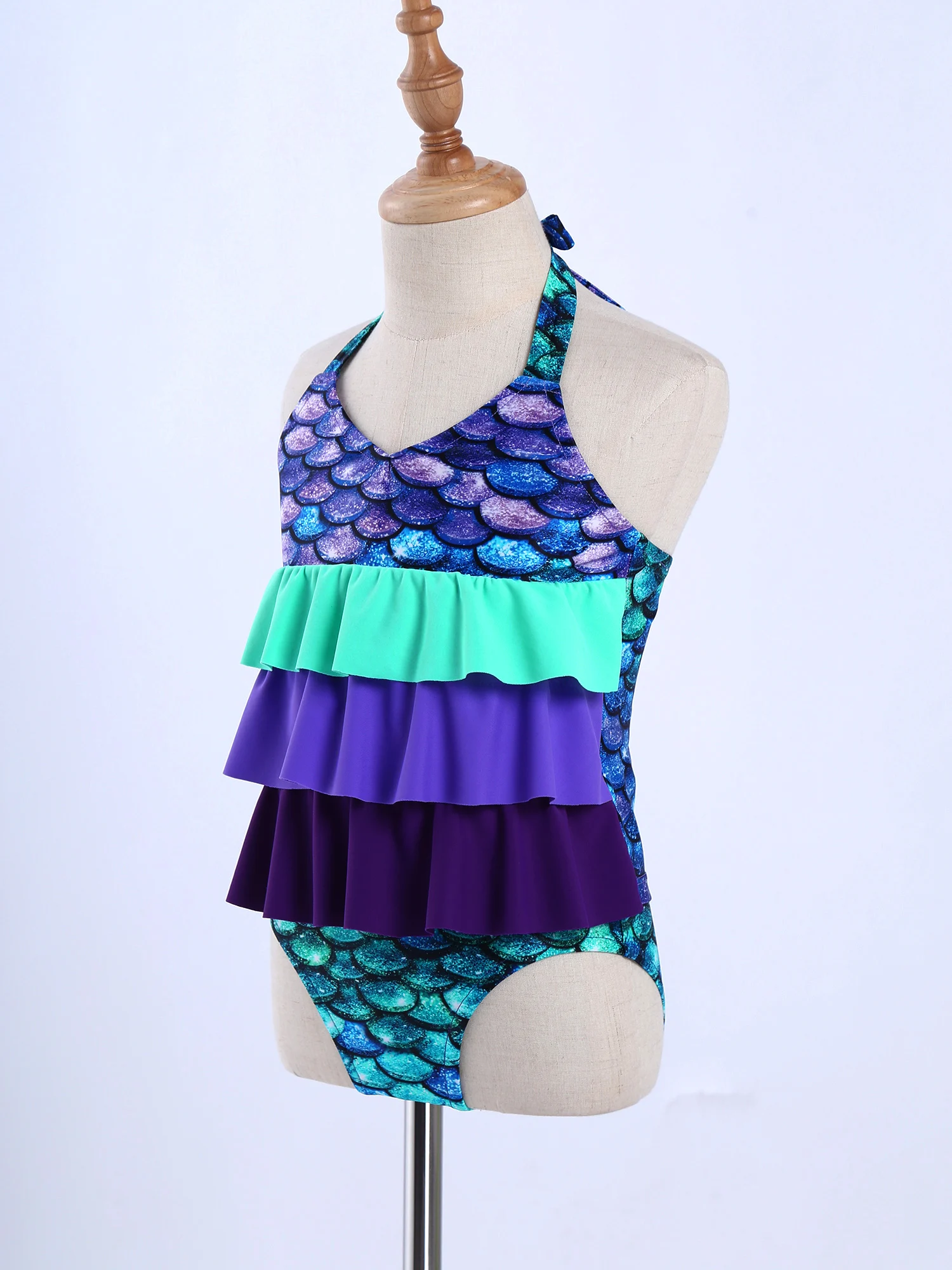 TiaoBug-traje de baño de sirena para niños y niñas, conjunto de Top y bragas con estampado de escamas de pescado, sin mangas, cuello Halter y volantes en capas, 2 piezas