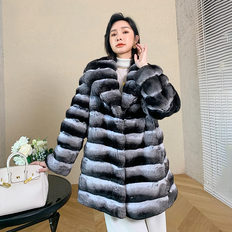 Ftangaiur Winter Import Cyan Blau Chinchilla Mantel Umlegekragen Medium Frauen Gehobene Natürliche Farbe Chinchilla Pelzmäntel