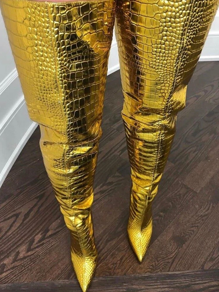 Gold Long Boots Over The Knee Stiletto High Heel Sexy Pointed Toe Snake SKin Zipper Boots Ladies Winter Night Club Shoes Fashion