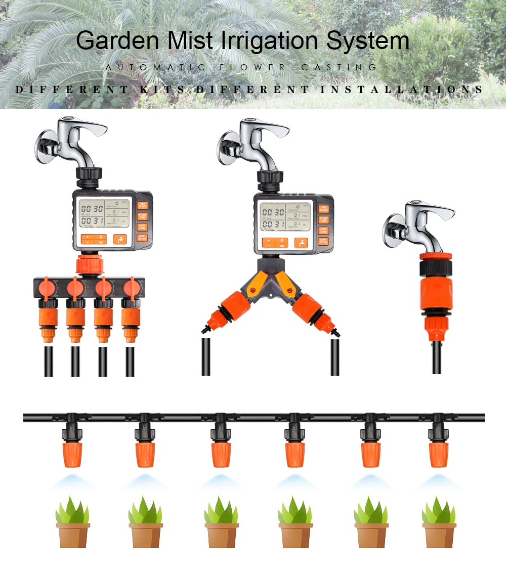 BRASMOYU 5-50M 4/7MM Garden Irrigation Watering Kits Timer Controller Irrigator System 2-in-1 Misting Sprinklers Drip Water Sets