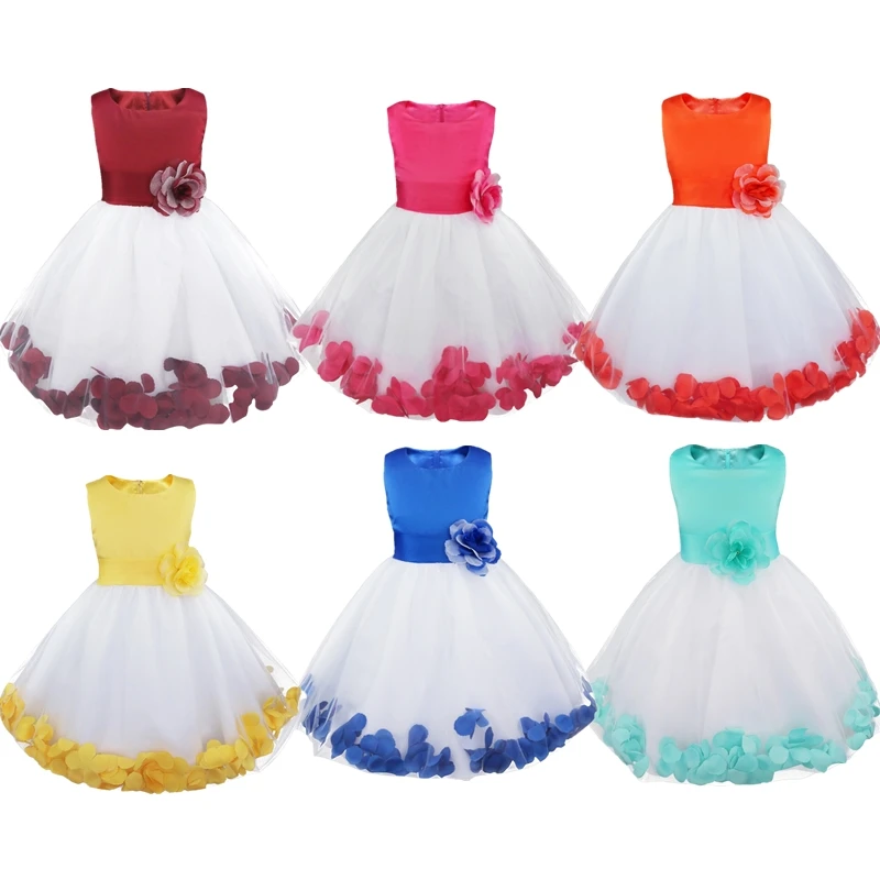 Petals Bow Princess Wedding Party Flower Girls Dress Baby Girl Sleeveless Tulle Bridesmaid Ball Gown Tank Dress Festival Clothes