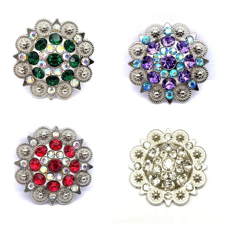 Conchos occidentales de flores de Metal, accesorios de cinturón de decoración de diamantes de imitación Multicolor, blanco y azul, venta al por