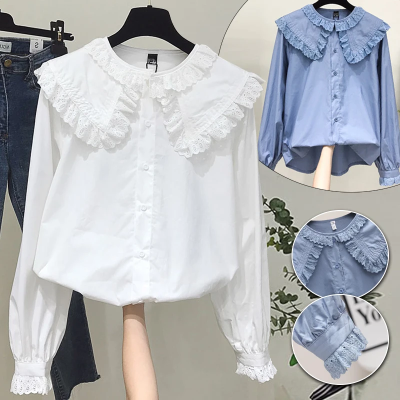 Women Chic Peter Pan Collar Shirts Korean Style Trendy Girl Cute Sweet Ruffles Lolita Lace Blouse Kawaii Lovely Daily Streetwear