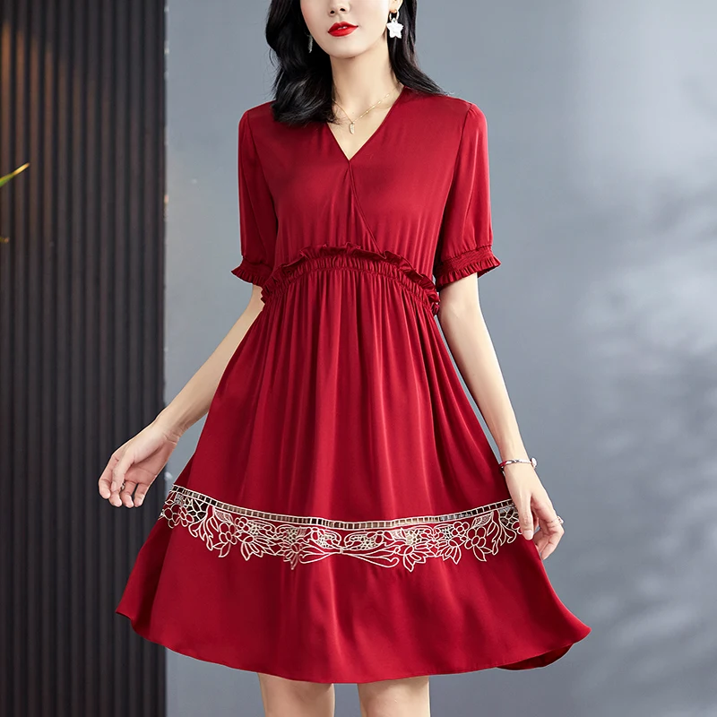 

Natural Real Silk Women Summer Dresses Elegant V-neck Short Sleeve Elastic High Waist Lady Embroidery A-line Dress Red Black