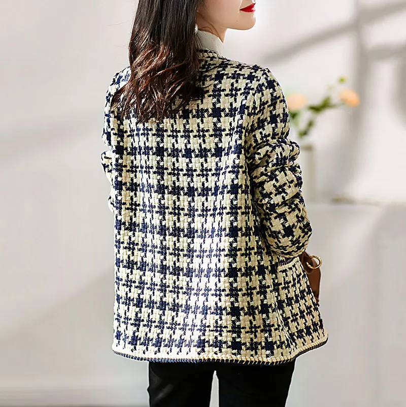 GACVGA 2023 Elegant Weave Plaid Women Blazer With Pocket And Lining Autumn Winter Causal Tweed Coat Office Ladies Suit Jacket