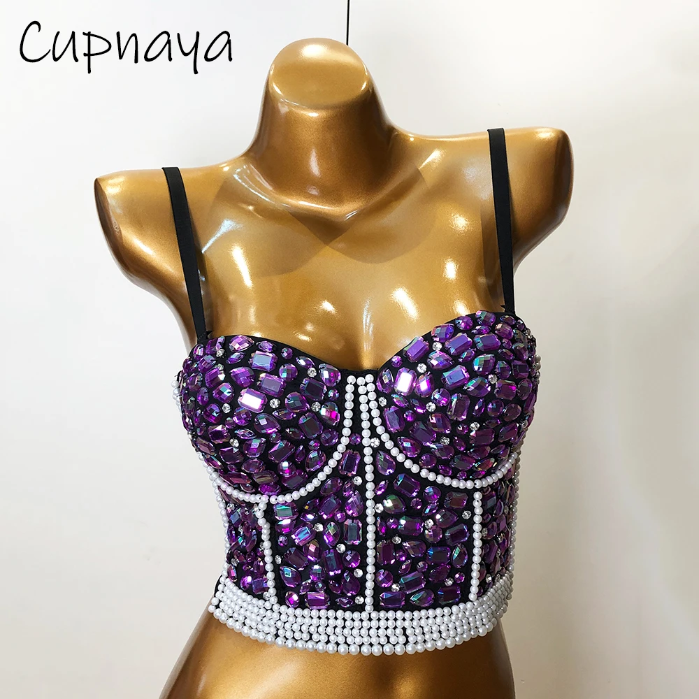 

Cupnaya Crystal Pearls Women Sparkle Cropped Top Sexy Ladies Spaghatti Strap Club Show Dance Cami Short Corset Black Blue White