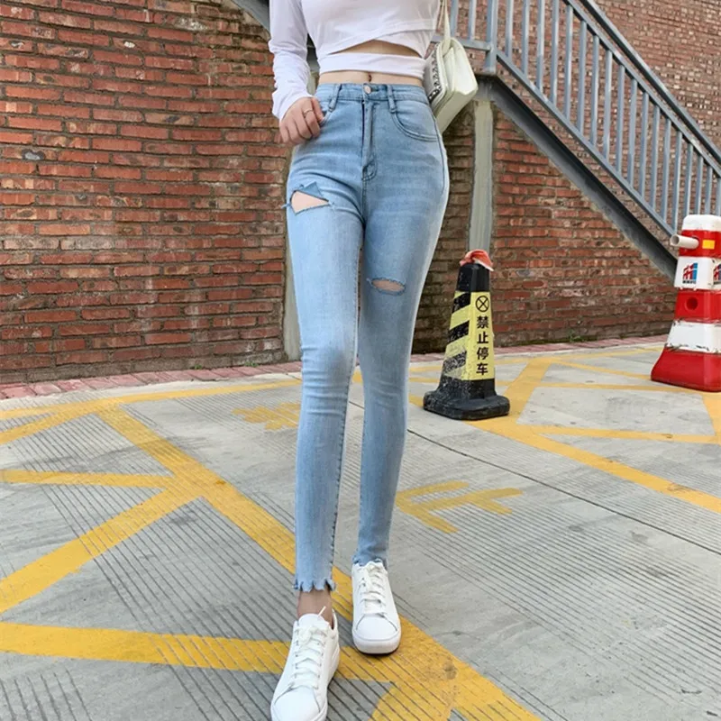 

Woman Skinny Jeans Ripped High Waist Clothes Blue Denim Clothing Streetwear Vintage Quality Nice Sretch Vogue Harajuku