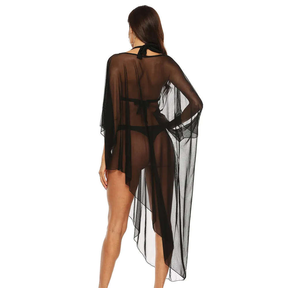 Caftán de encaje para mujer, Túnica de malla negra, Pareo transparente, ropa de playa