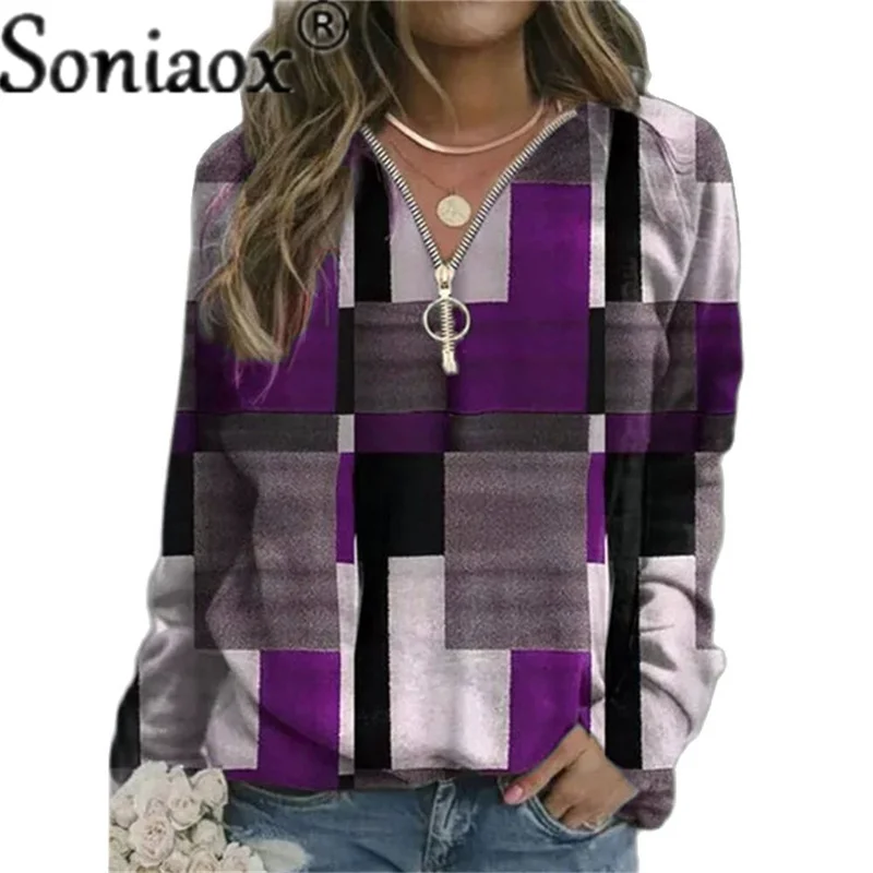 2021 Autumn Women Sweatshirts Loose Casual V Neck Zipper Long Sleeve Plaid Top Pullover Streetwear Ladies Fashion Ladies Hoodies