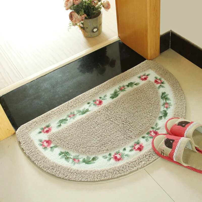 Semicircular Floral Floor Mat for Home Decor Non-Slip Bottom Bathroom Toilet Doormat Washable Suede Area Rug for Bedroom Kitchen