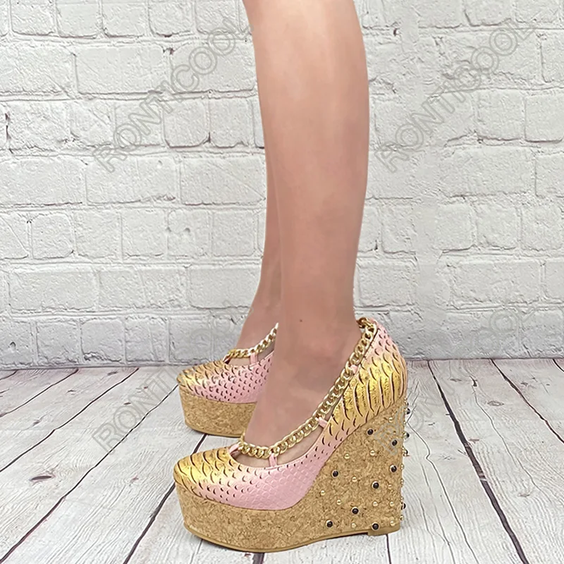 Ronticool Handmade Women Spring Pumps Studs Sexy Chain Wedges Heels Round Toe Pink Club Wear Shoes Women US Plus Size 5-20