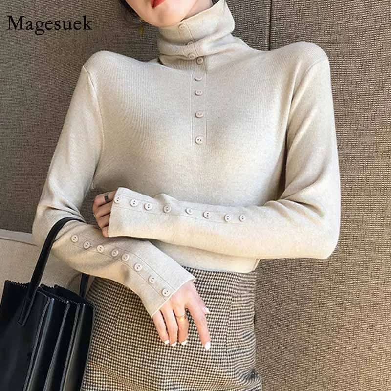 Jersey de manga larga para mujer, Jersey ajustado de cuello alto con botones, Color sólido, coreano, otoño e invierno, 2020