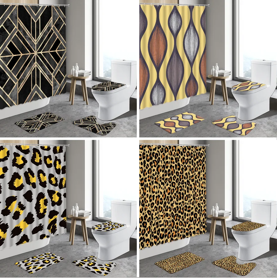 

4pcs Geometric Marble Shower Curtain Animal Leopard Pattern Modern Lattice Stripe Anti-Slip Bath Mat Toilet Bathroom Carpet Rugs