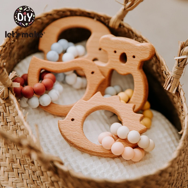 Let's Make Baby Toys Animal Beech Olive Oil Wooden Teether Food Grade Baby Teether Wooden Toys For Baby Rattle