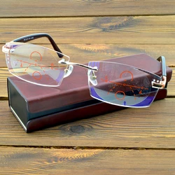 Luxury Titanium Alloy Rimless Spectacles 12-layer Coating Cutted Progressive Multifocal Lens Reading Glasses +0.75 to +4