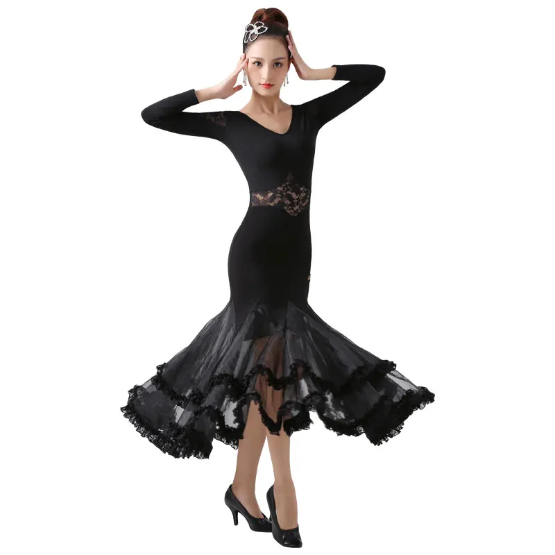 Laço preto padrão vestido de dança de salão valsa trajes de dança flamenco espanhol vestido de dança tango vestido de dança prática de roupas