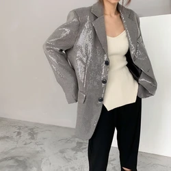 New Fashion 2022 Blazer coreano primavera paillettes risvolto manica lunga tasca cappotto allentato abito monopetto donna ufficio signora XZ35