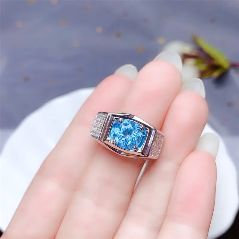 

Men's Ring Real 925 Sterling Silver 8MM Natural Blue Topaz Ring Fine Jewelry for Men Birthday Anniversary Gift Free Shipping