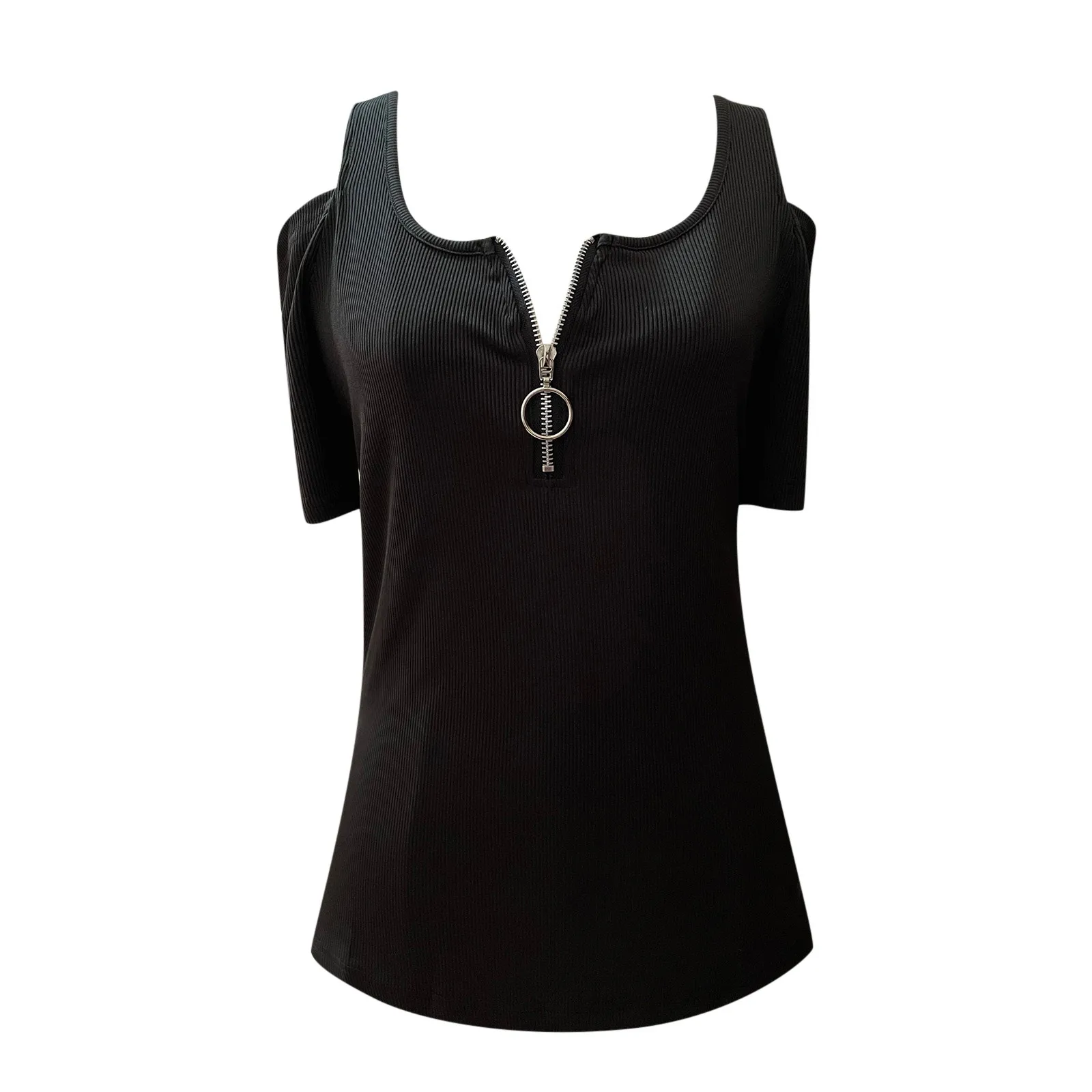 Blusa Sexy con cuello en V para mujer, camisa con cremallera, Tops informales para mujer, Tops de Color sólido para mujer, blusa con hombros descubiertos