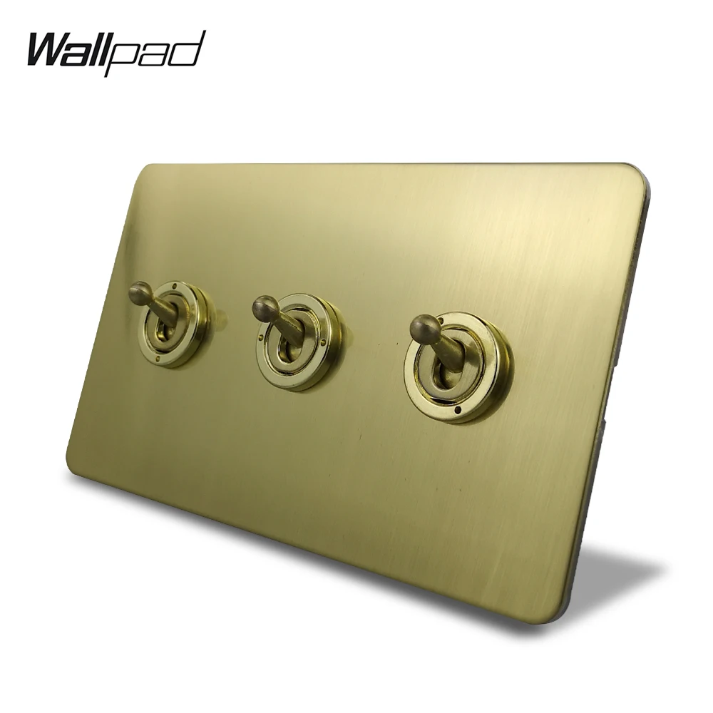 

Wallpad Satin Gold 3 Gang 1 Way or 2 Way Toggle Switch Electric Light Switch Satin Brushed Brass Color Stainless Steel Panel