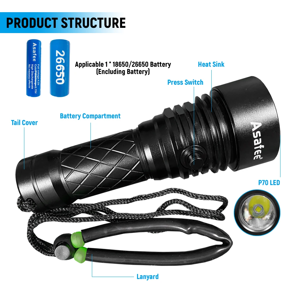 Asafee 80M Underwater Lantern XHP70 LED 2500LM Scuba Diving Flashlight 350M Range Torch Press Switch Lamp Waterproof