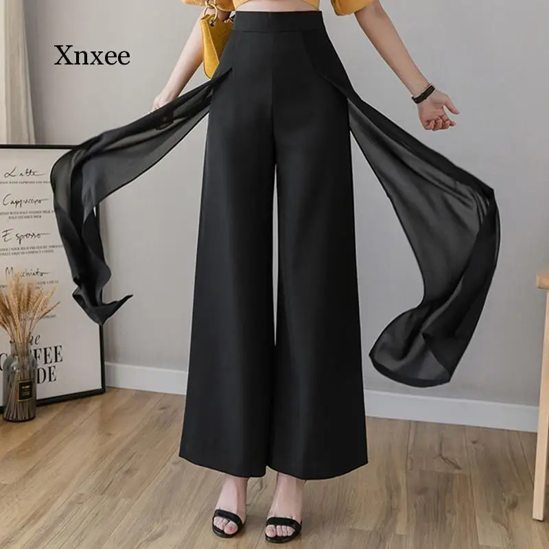 Women's Chiffon Pants Elegant Office Ladies White Black Trousers High Waist Summer Pants Korean Fashion Wide Leg Pants S-2XL