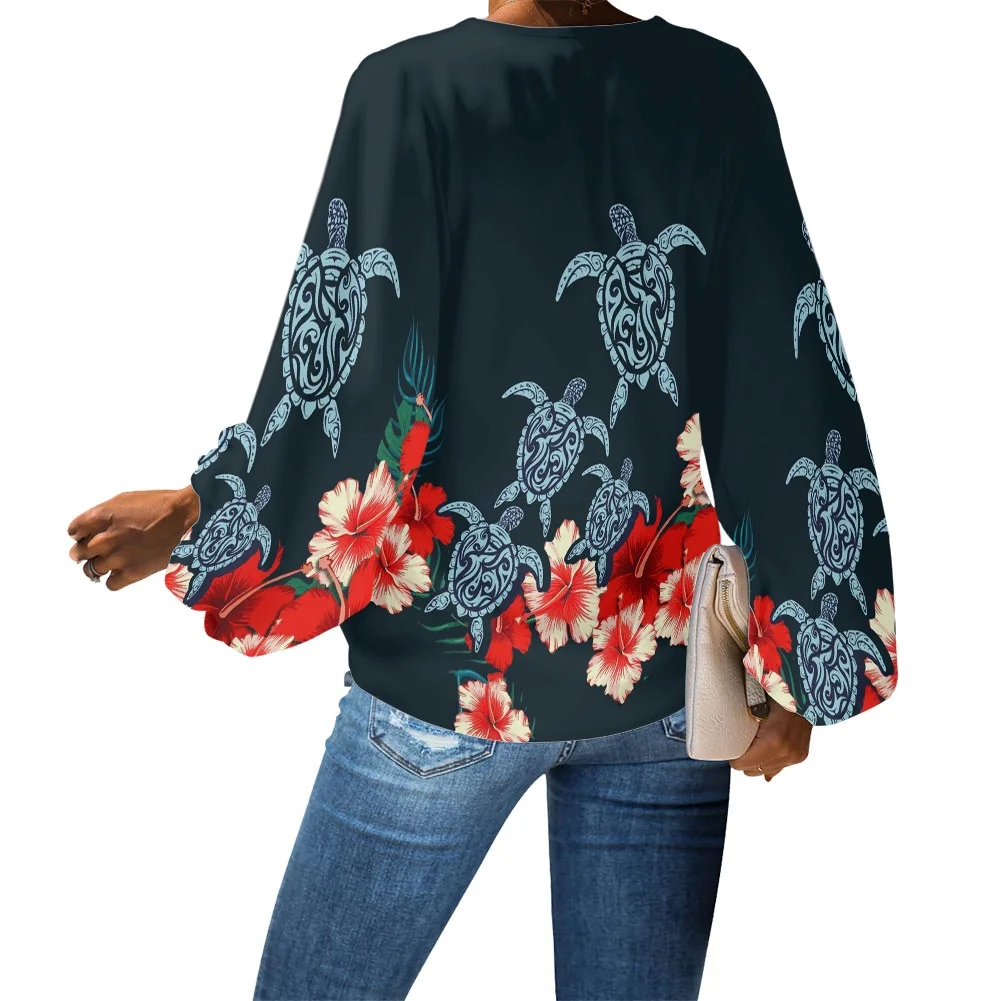 HYCOOL Long Blouse Chiffon Long Sleeve Casual Blouse Winter Polynesian Tribal Hawaii Floral Printing Club Winter Tops Women