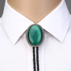 Corbata bolo de ojo de gato verde piedra natural para hombre, cuerda de cuero vaquera occidental, corbata de aleación de zinc, vaquero indio