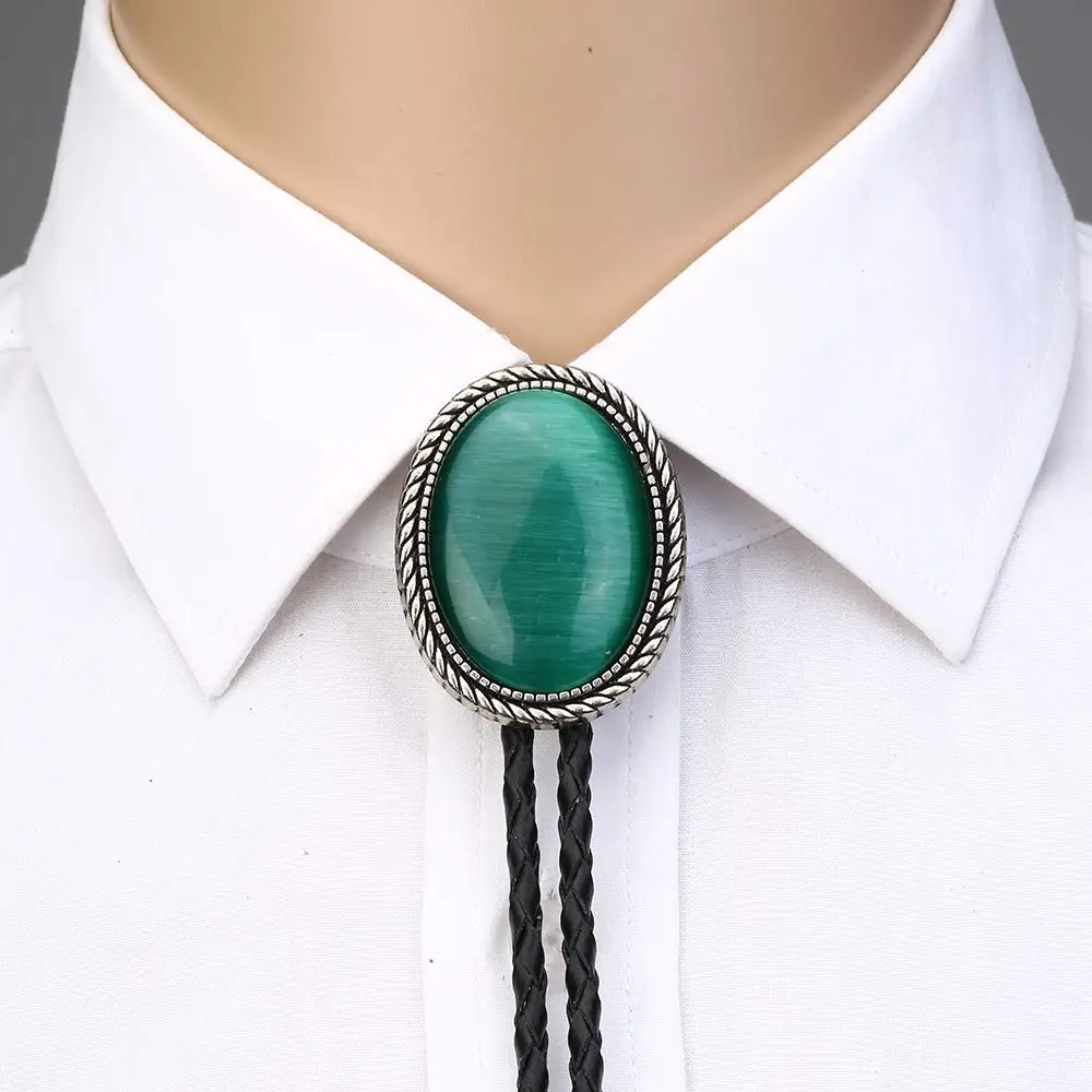 Naturel stone Green cat eye bolo tie for man Indian cowboy western cowgirl leather rope zinc alloy necktie