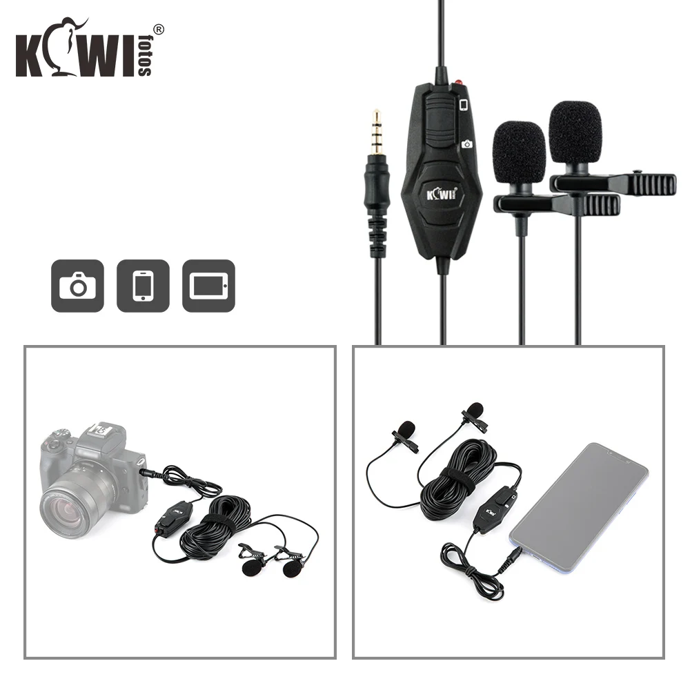 Micrófono Lavalier omnidireccional de doble cabeza para cámara Nikon, Canon, SONY, Fuji, videocámaras, teléfono inteligente, Interfaz de vídeo Vlog de 3,5mm