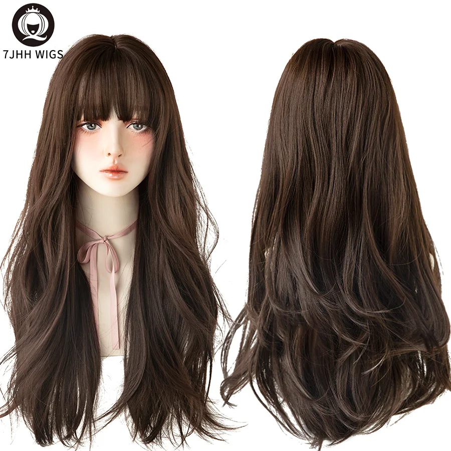 7JHH Black Brown Long Wavy Wig With Fluffy Bangs For Women To Wear Daily Heat-Resistant Synthetic Wig